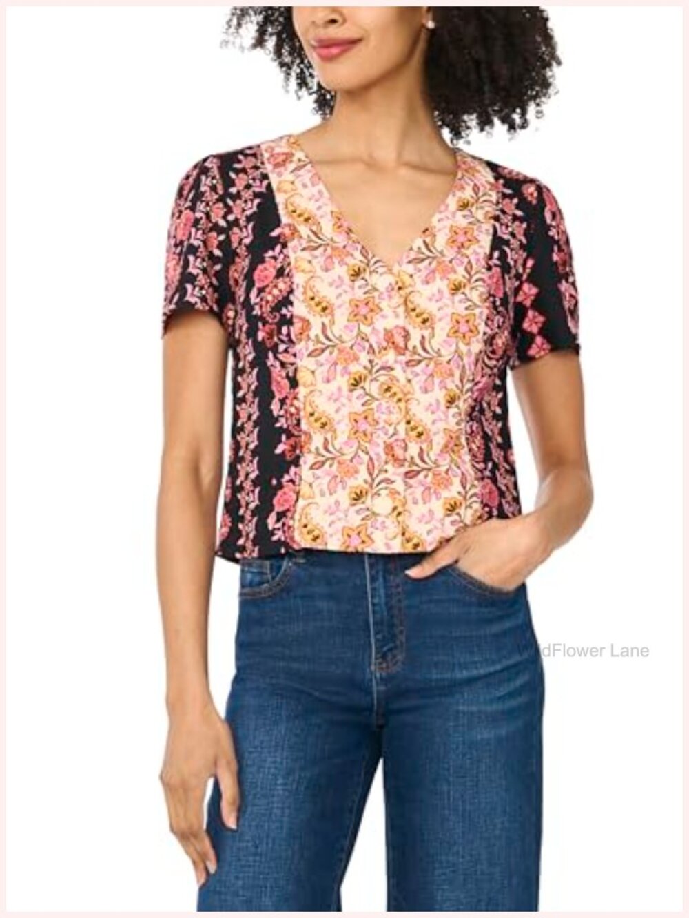 Cropped Linen V-Neck Button-Down Blouse Short Sleeve Relaxed Fit